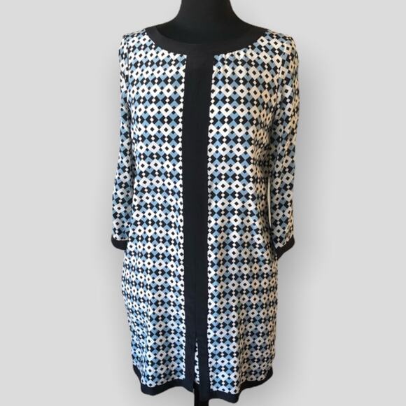 J. Crew Diamond Tile Silk Shift Dress Womens 2 Cocktail Career Work Blue White - Picture 1 of 8